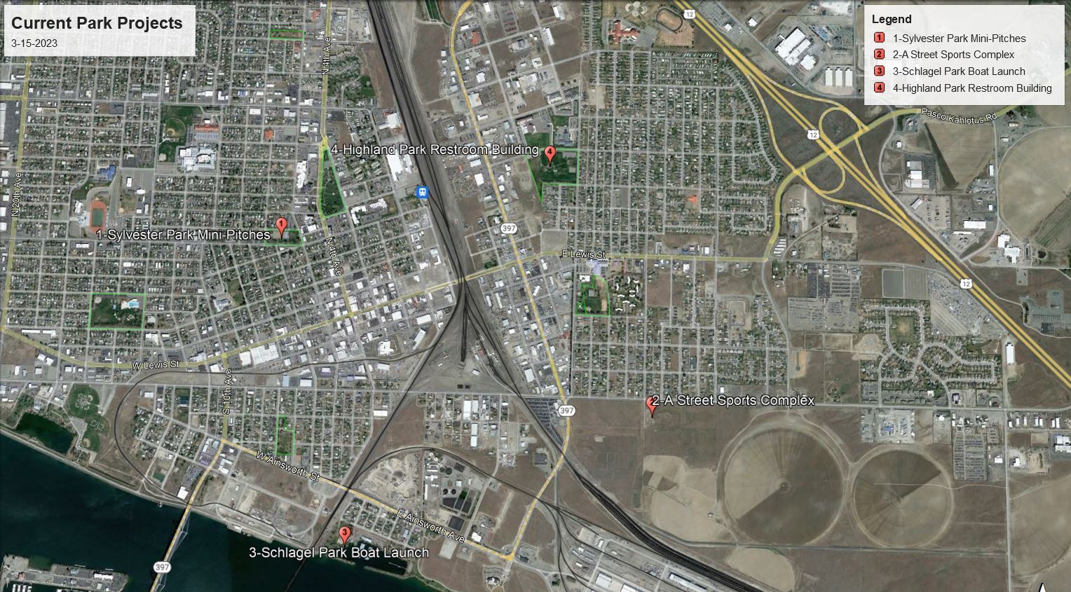 Map of Pasco with the locations of current park projects marked