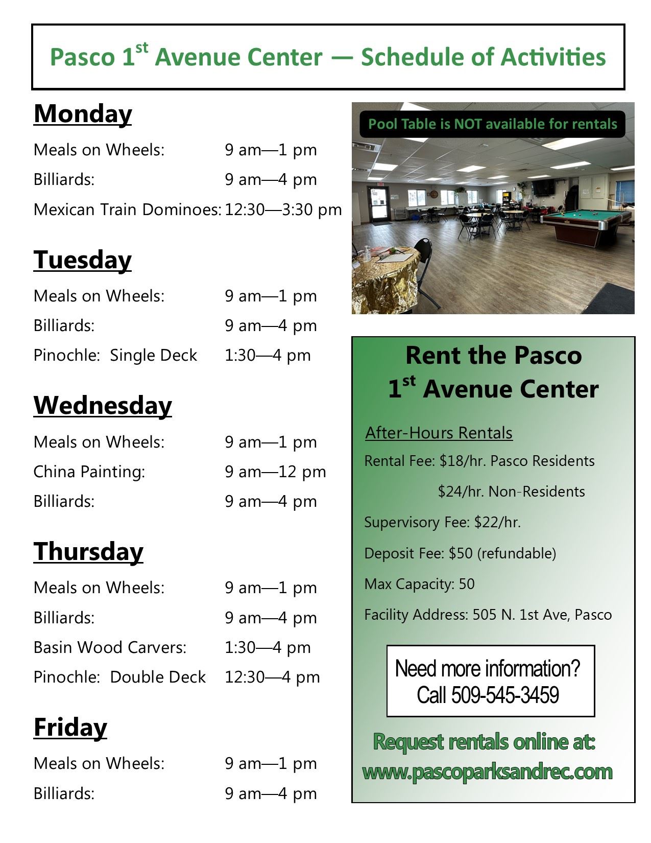 Pasco First Ave Ctr Schedule of Activities